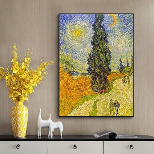 Road with Cypress and Star By Van Gogh Famous Painting Canvas Posters and Prints Wall Art Decorative Pictures for Living Room