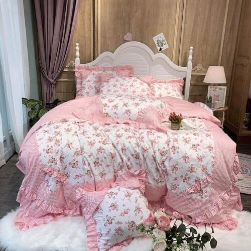 Pink Korean Princess Style Cotton Bedding Set Duvet Cover Bed Linen Pillowcases Fitted Sheet Home Textile King Queen Size 4PCS