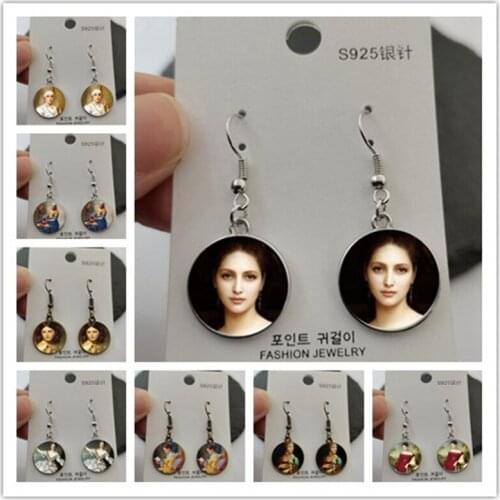 Fashion Bronze Color Punk Style Earrings Vermeer Oil Painting Girl Wearing Pearl Stud Earrings Glass Cabochon Jewelry for Women