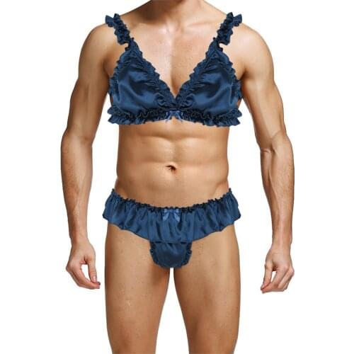 Mens Sissy Lingerie Set Satin Gay Male Exotic Panties Frilly Ruffled Bra Top with Open Butt Briefs Jockstraps Bulge Underwear