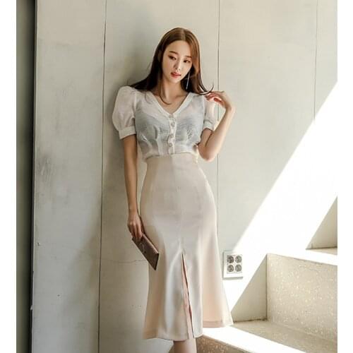 New arrival fashion woman set summer elegant sexy perspective shirt and slim skirt temperament office lady fresh two piece sets
