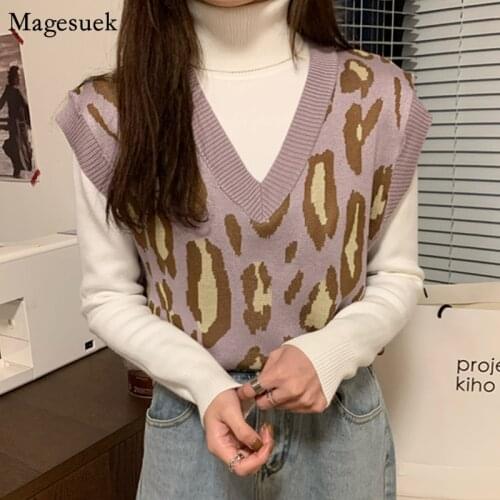 Autumn And Winter Knitted Sweater Vest Women V Neck Sleeveless Loose Pullover Women Sweaters Casual Leopard Jumper Sweater 16431