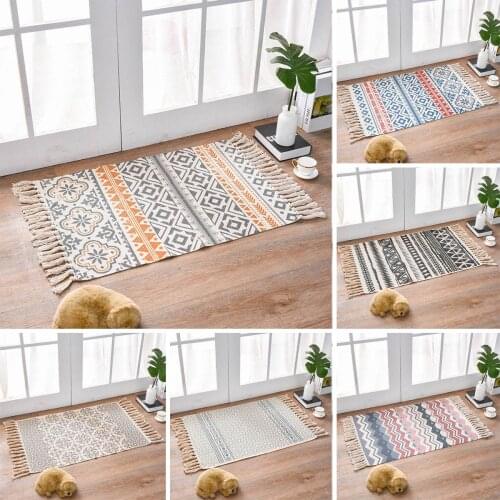 Retro Bohemian Hand Woven Cotton Linen Carpet Rug Bedside Rug Geometric Floor Mat Living Room Bedroom Carpet Home Decor