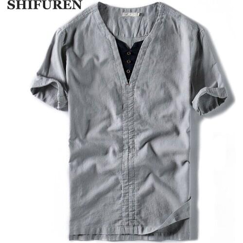 SHIFUREN Mens Summer Short Sleeve Cotton Linen Shirts Breathable Causal Male V-Neck Tops Shirts Retro Chinese Style Size M-4XL