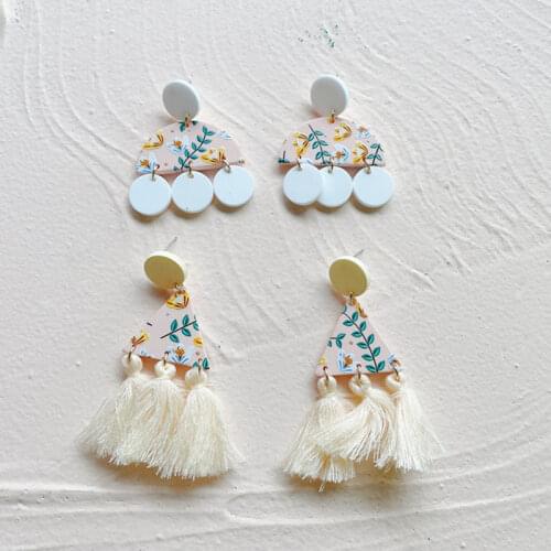 Bohemia Colorful Leaf Pattern Long Tassel Dangle Earrings for Women Geometric Round Semicircle Triangle Acrylic Earrings Jewelry