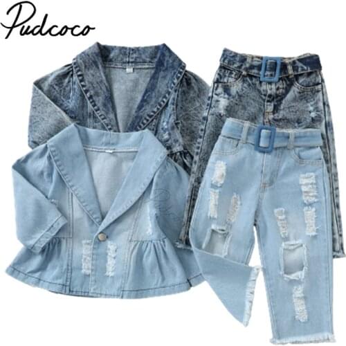 2Pcs Toddlers Tracksuits, Denim Lapel Long Sleeves Button Coat + Frayed Ripped Jeans with Belt for Girls, 1-5 Years