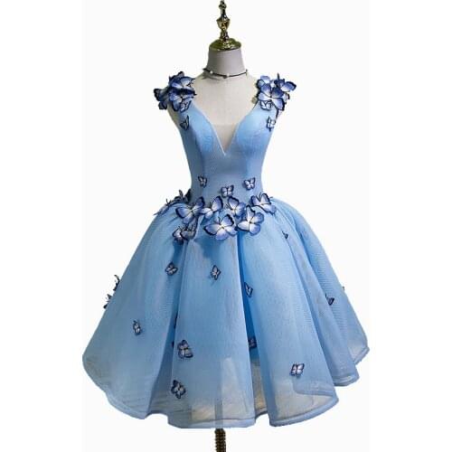Blue Butterfly Evening Dress Girls Classmates Graduation Party Birthday Party Prom Dress Short Slim Red Party Dress Female A244