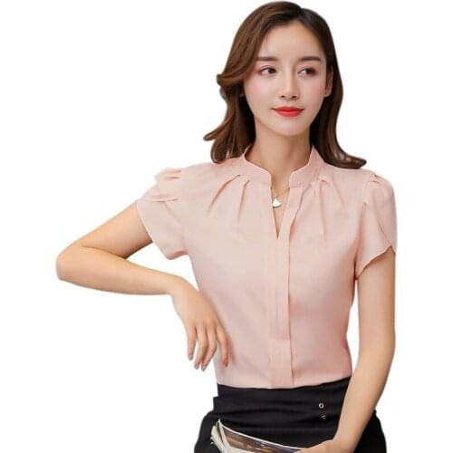 Women Blouse Solid Shirts Short Sleeves Chiffon Female Fashion Tops Clothes Plus Size Feme
