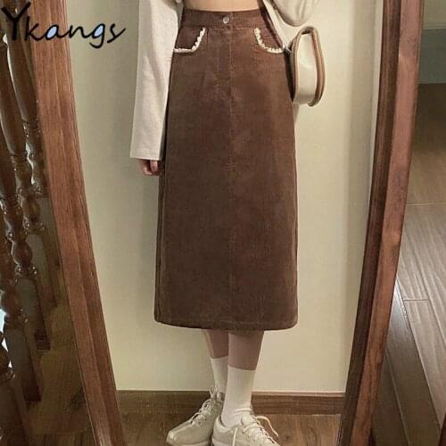 Vintage Corduroy Lace Stitching Long Skirt Women High Waist A-Line Skirts 2020 Brown Button Pocket Midi Skirts Jupe Femme Saia