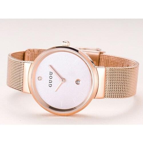 2019 French woman simple round zircon stone dial steel and leather watchband lady quarz watch female student watch G6002