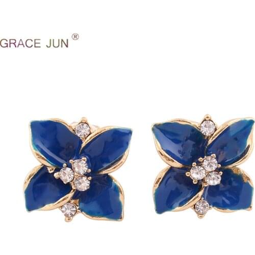 GRACE JUN High-grade Blue Color Flower Clip on Earrings for Women Elegant Fashion No Pierced Earrings Charm Rhinestone Ear Clip