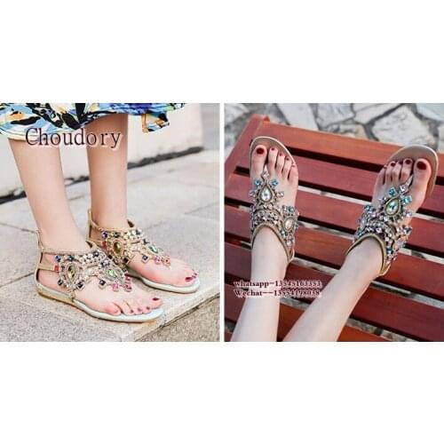 Women Flat slippers Sandals Rhinestone Low heel Sexy Crystal Flip Flops Gladiator Sandals Women Summer Casual Shoes Women