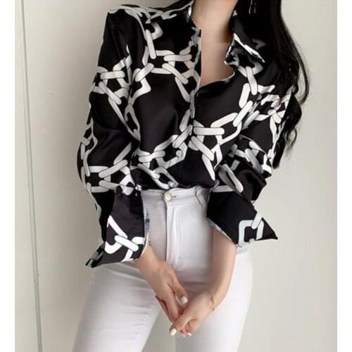 Women Tops Top Time-limited Acetate Print Vadim Blusas Mujer De Moda 2019 Vintage Chain Printed Lapels Sleeve Thin Shirt Women