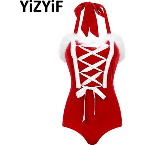 Ladies Christmas Party Cosplay Costume Rompers Womens Jumpsuit Flannel Front Lace Up Faux Fur Trimming Sexy Lingerie Bodysuit