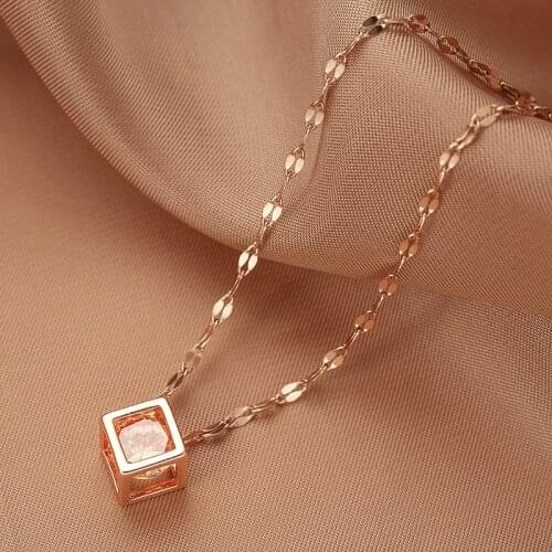 MEYRROYU Stainless Steel Hollow Out Cube Pandent Necklaces For Women Rhinestone Choker 2021 New Fashion Party Gift Jewelry
