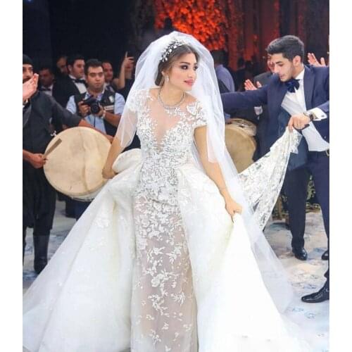 Luxury Mermaid Lace Wedding Dresses With Detachable Train Backless Short Sleeve Bridal Gowns Plus Size Vestidos De Novia