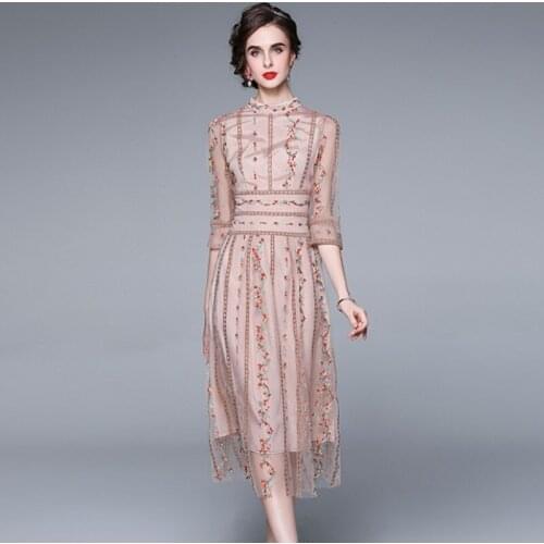 New Summer Embroidery Party Dresses Women Three Quarter Sleeve Flower Embroidered Slim Waist Vintage Mesh Runway Dress Vestidos