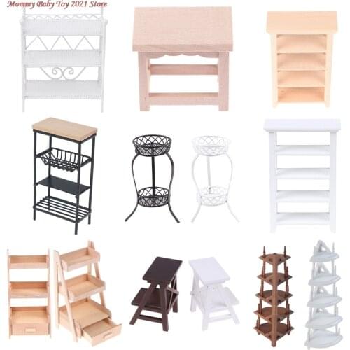 1Pc 1:12 Dollhouse Wood Plastic Metal Shelf Flower Stand Mini Doll House Furniture Model Simulation Furniture Accessories