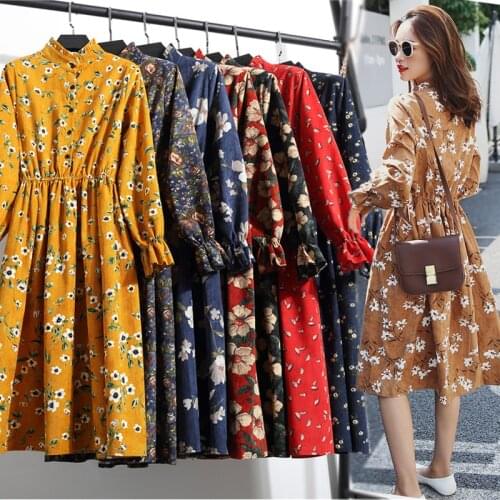 19 Colors Autumn Winter Vintage Floral Corduroy Dress Women Velveteen Midi Boho Elegant Long Sleeve Korean Runway Vestidos