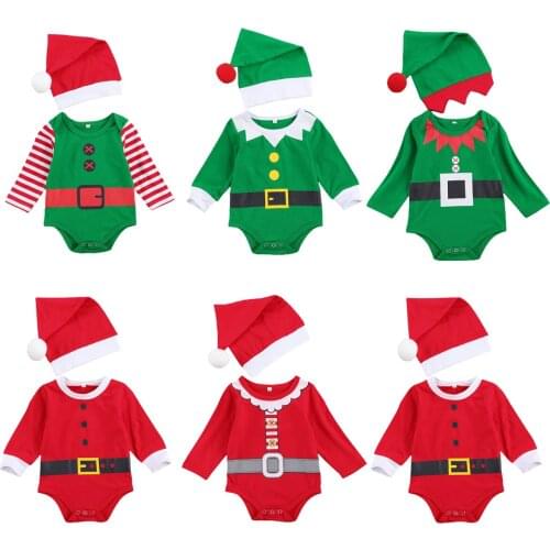 Christmas 0-12M Newborn Baby Girls Boys Party Romper Hats 2pcs Long Sleeve Cotton Xmas Jumpsuits Outfits