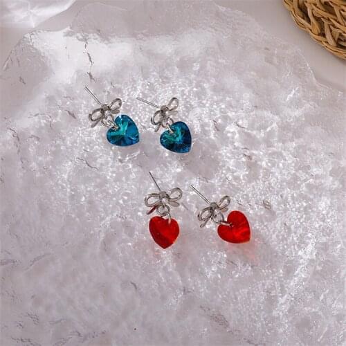 2021 New Korean Heart Crystal Bowknot Trendy Dangle Earrings For Women Fashion Jewelry Party Elegant Pendiente Brincos