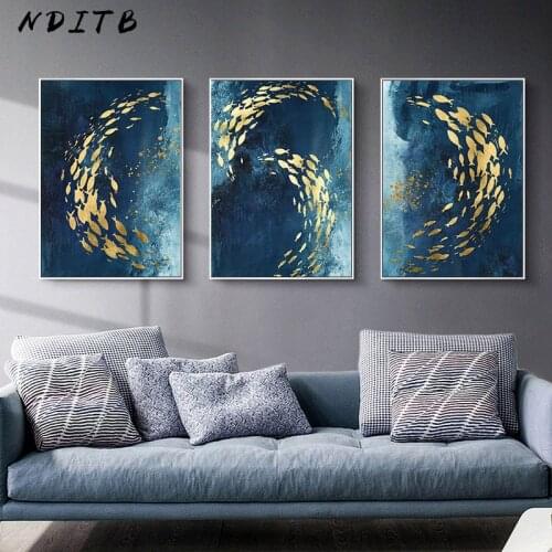 Golden Fish Abstract Wall Poster Modern Style Canvas Print Painting Contemporary Art Living Room Entrance Decoration Picture