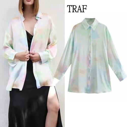 TRAF Summer Blouse Top Women Za 2021 Tie Dye Satin Blouse Women Oversize Shirts Long Sleeve Buttons Loose Vintage Shirt Chic Top