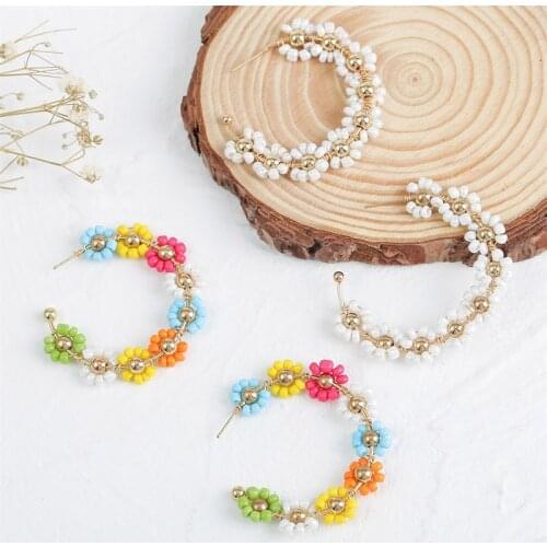 Bohemian Trendy Ladies C Shape White Multicolor Glass Beads Handmade Beaded Weave Flower Drop Earrings For Women Jewelry Gift