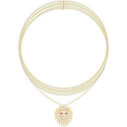 Fine Design Luxury 925 Sterling Silver Gold Color Cubic Zircon Egypt Lion Pendant Necklace Multilayer Chain for Women Jewelry