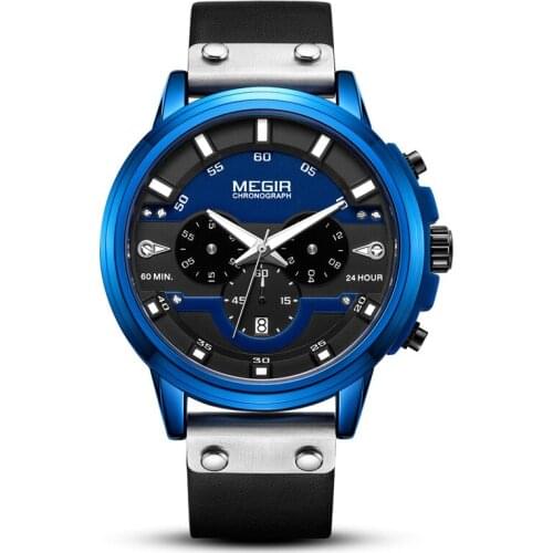 Tide Brand Megir 2080 Mens Watch Sports Waterproof Fashion Multi-Function Calendar Leather Quartz Male Wristwatches