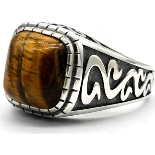 Mens Ring With Natural Tigers Eye Authentic 925 Sterling Silver Square Gem Ring With Exquisitely Carved Silver Jewelry Gift