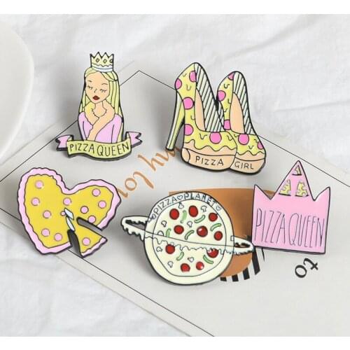 Pizza Queen Enamel Pin Pizza Heart Crown Planet High Heels Brooch Bag Clothes Lapel Pin Badge Food Jewelry Gift Girl Kids Friend