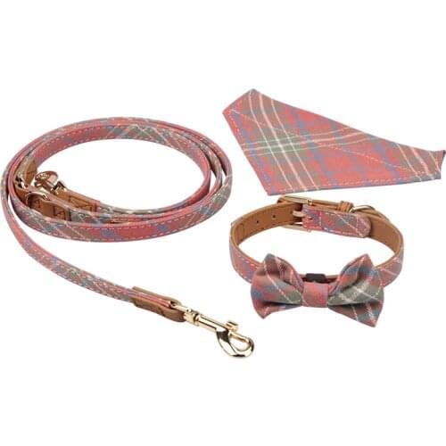 Leather Dog Collar and Leash Set Plaid Dog Scarf Collar Bandana Bowtie for Small Medium Dogs Walking Puppy Chihuahua Accesorios