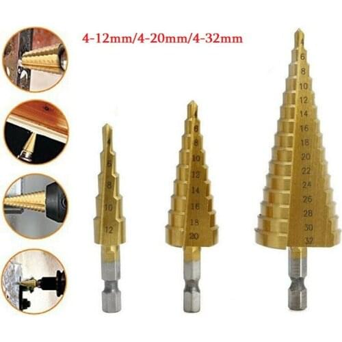 Lot Of 3 High Speed Steel Titanium Coated Step Cone Drill Bit Set 4-32/20/12mm