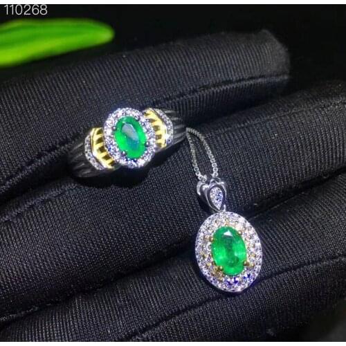 New Arrival 100% Natural and Real Emerald Set 925 Sterling Silver,1pc Emerald Ring,1pc Emerald Pendant