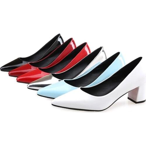 Womens shoes 5cm High heels of black work summer thick heel pointed toe single shoes Patent leather Non-slip rubber sole shoekc