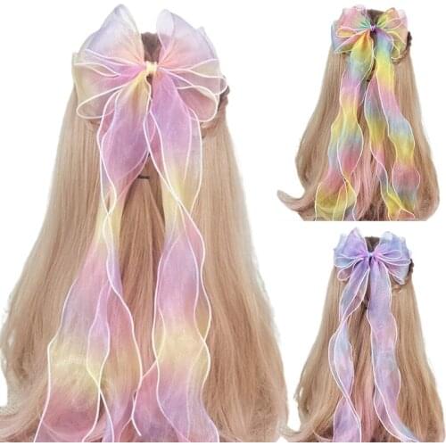 Handmade Large Bow Hair Clip Gradient Rainbow Long Ribbon Braids Hair Accessories Princess Ponytail Hairpins Barrettes