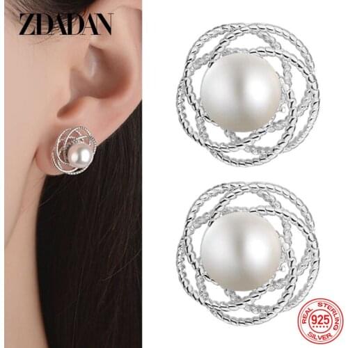 ZDADAN 925 Sterling Silver Charm Hollow Flower Pearl Stud Earrings For Women Temperament Engagement Jewelry Party Gift