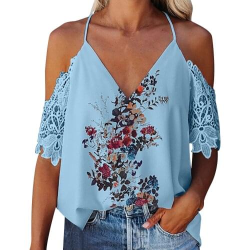 Womens Sling Leakage Shoulder Floral Print Lace Casual Camisole Tank Tops Blouse Hollow Out Sleeve Loose Femal Tunic Tops