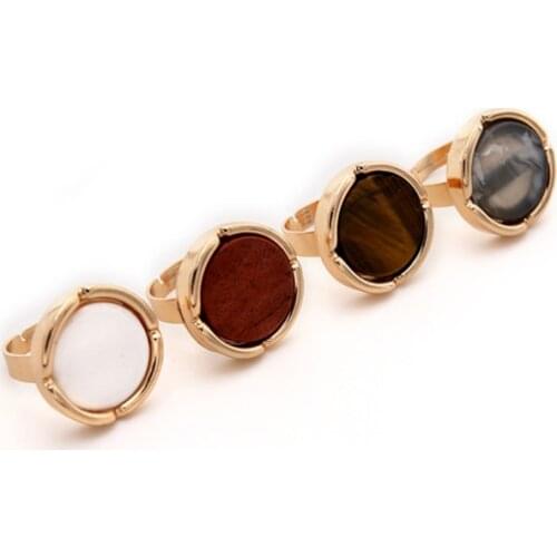 SRCOI Vintage Bohemia Style Gold Color Natural Stone Rings Round Geotric Adjustable Open Rings For Women Party Wedding Jewelry