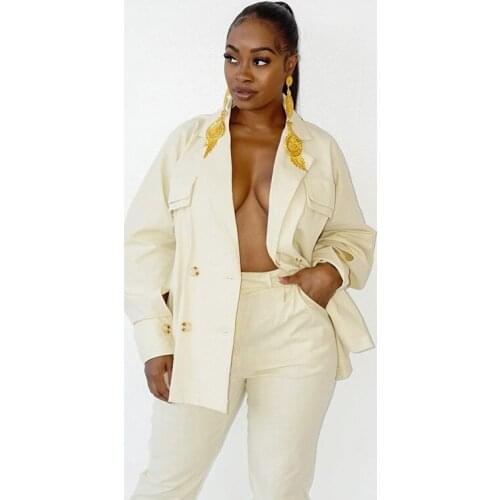 Street Style Solid Long Sleeve Button Up Jacket Top And Pants Two Piece Women Sets Casual Lady Slim Lapel Loose Hic Clothing