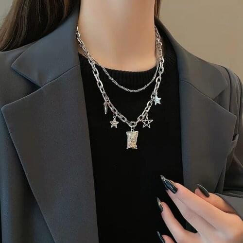 TIMEONLY Korean Fashion Double Layered Square Metal Star Pendant Neckalces Chunky Cuban Chain Hollow Necklace for Women Jewelry
