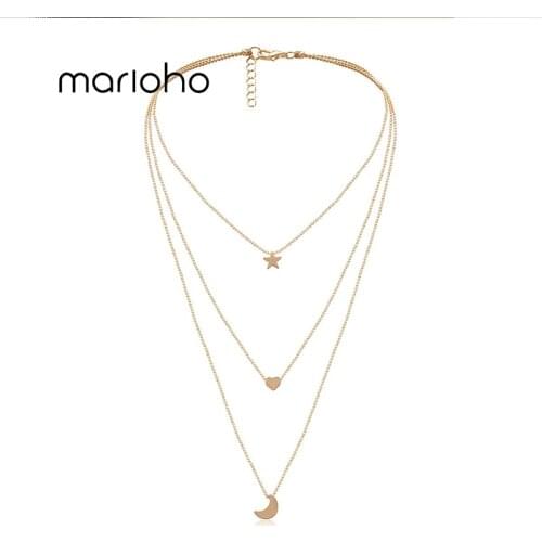 Marioho Long Temperament Multi-layer Heart-shaped Necklace Ladies Simple Geometric Star Moon Pendant Necklace Party