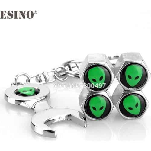 40 x Car Styling Stainless Steel Zinc Alloy Wheel Tire Valve Stems Caps Cartoon Alien Universal Fit With Mini Wrench Key Chain