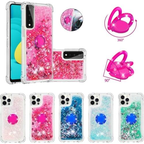 Glitter Phone Case for LG Stylo 7 6 Velvet Aristo 5 K71 K31 K51 K30 Risio 4 Dynamic Liquid Quicksand Cover Ring Holder Stand