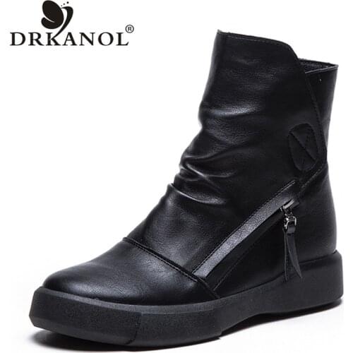 DRKANOL 2020 Vintage PU Leather Women Boots Fashion Solid Black Side Zipper Flat Ankle Boots For Women Winter Warm Boots Shoes