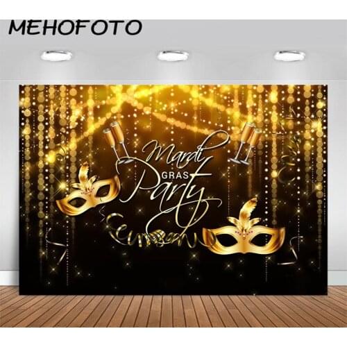 MEHOFOTO Masquerade Party Backdrop Gold Glitter Mask Photography Background for Birthday Party Decoration Photo Booth Prop