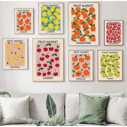 Fruit Market Cherry Lemon Pear Banana Orange Vintage Posters And Prints Wall Art Canvas Painting Wall Pictures Kitchen Decor