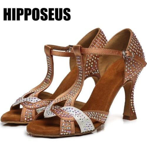 Hipposeus Ballroom Girls Dance-Shoes Women Latin Dance Shoes Ladies Modern Tango Dancing Shoes Brown High Heels Salsa Sandals