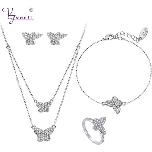 Kfvanfi white gold color stud earrings butterfly layered necklace ring bracelet birthdays gift for girlfriend wife